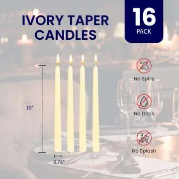 Ivory Taper Candles - 16 Pack Unscented Dripless Taper Candles - Long Candle Sticks - Perfect Tapered Candles for Home, Centerpieces Stick Candles, Tall Candles for Weddings, Parties Candlesticks