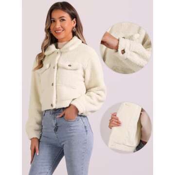 Allegra K Fuzzy Fleece Jacket for Women's Casual Faux Fur Button Winter Outerwear Short Coat Small B...