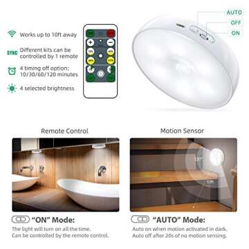 LED Closet Lights Wireless Motion Sensor Step Lights, USB Rechargeable Battery Operated Puck Lights with Remote, Dimmable Under Cabinet Lighting for Counter, Kitchen, Stairs (3 Pack)