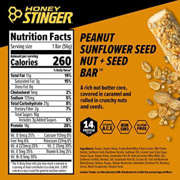 Honey Stinger Nut + Seed Bar | Peanut Sunflower Seed | Protein Packed Food for Exercise, Endurance and Performance and Recovery | Sports Nutrition Snack Bar for Home & Gym, Post Workout | Box of 12