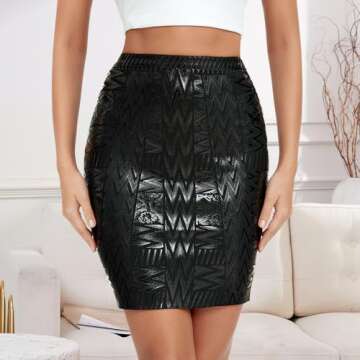 HLBandage Leather Metallic High Waist Bandage Skirt (XXL, Black)