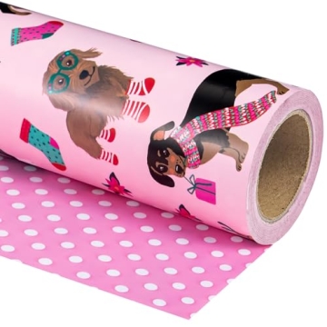 WRAPAHOLIC Reversible Dog Christmas Wrapping Paper - Mini Roll - 17 Inch x 33 Feet - Pink Christmas ...