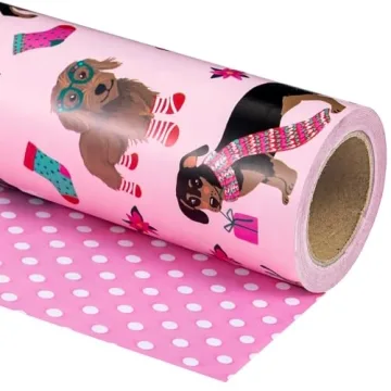 WRAPAHOLIC Reversible Dog Christmas Wrapping Paper - Mini Roll - 17 Inch x 33 Feet - Pink Christmas ...