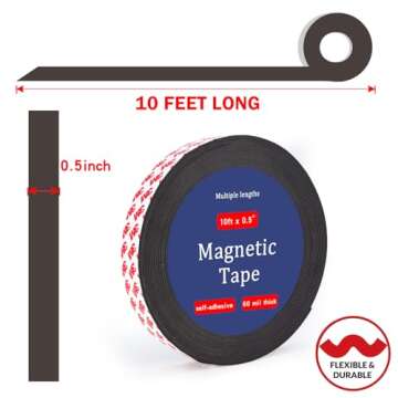 Towjug 10 Feet x1/2 in Magnetic Tape Strips Roll with 3M Adhesive Backing, Flexible Sticky Magnet Ta...
