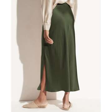Women's 2024 Summer Satin Maxi Skirts High Waisted Fall Silk Casual A-Line Cocktail Party Long Skirt with Side Slit Army Green