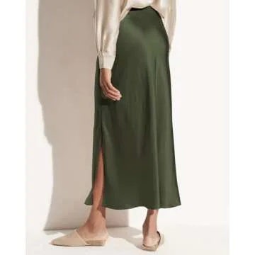 Women's 2024 Summer Satin Maxi Skirts High Waisted Fall Silk Casual A-Line Cocktail Party Long Skirt with Side Slit Army Green