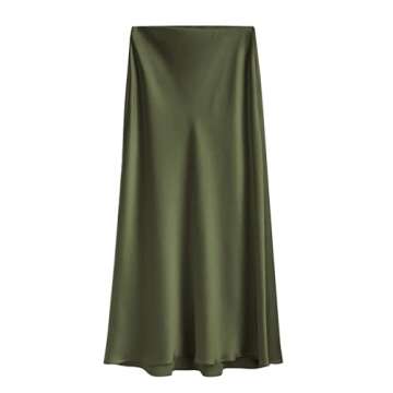 Women's 2024 Summer Satin Maxi Skirts High Waisted Fall Silk Casual A-Line Cocktail Party Long Skirt with Side Slit Army Green