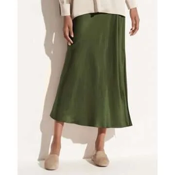 Women's 2024 Summer Satin Maxi Skirts High Waisted Fall Silk Casual A-Line Cocktail Party Long Skirt with Side Slit Army Green