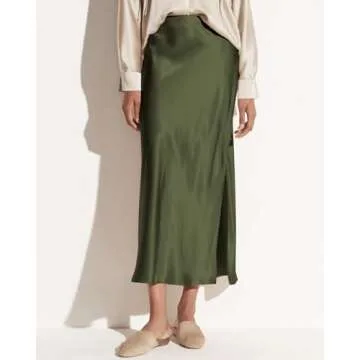 Women's 2024 Summer Satin Maxi Skirts High Waisted Fall Silk Casual A-Line Cocktail Party Long Skirt with Side Slit Army Green