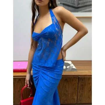 Pivanzore Women's Y2K Lace Cami Tank Top Sexy Mesh See Through Spaghetti Strap Crop Camisole Backless Bustier Going Out Tops (Ins Dark Blue, S)