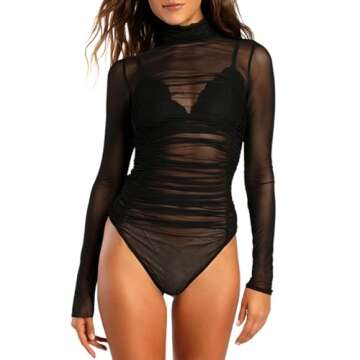 AGECODE Women's Mock Turtle Neck Sexy Ruched Sheer Mesh Long Sleeve Bodysuit Shirt Tops Black Medium