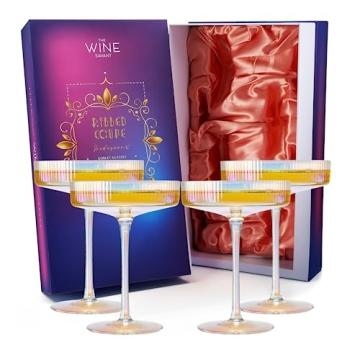 Vintage Art Deco Coupe Glasses, Martini, Champagne & Cocktail Ribbed Glass 7 oz | Set of 4 | Crystal...