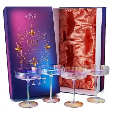 Vintage Art Deco Coupe Glasses, Martini, Champagne & Cocktail Ribbed Glass 7 oz | Set of 4 | Crystal, Manhattan, Cosmopolitan, Sidecar Cocktail Glassware for Champagne, Ripple Glassware - Gift Box