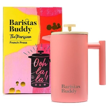 BaristasBuddy Cute Pink French Press Coffee Maker - Colorful, Retro And Stylish Insulated Brewer - 4...