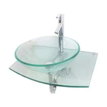 Renovators Supply Manufacturing Halo Glass Wall Mount Bathroom Sink 23 3/4 in. Tempered Glass Round Wall Hung Vessel Sink with Chrome Faucet and Sink Drain