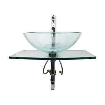 Renovators Supply Manufacturing Halo Glass Wall Mount Bathroom Sink 23 3/4 in. Tempered Glass Round Wall Hung Vessel Sink with Chrome Faucet and Sink Drain