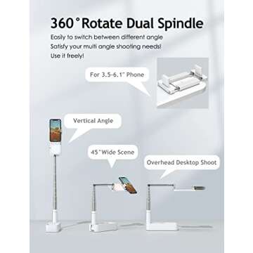 SupeDesk Selfie Stand, Portable Cell Phone Stand,Compatible with 3.5-6.1" Phone for Live Streaming,Overhead Phone Mount,Chargeable Remote,7 Stage Brightness,360° Rotate,Vlog/YouTube/Tiktok