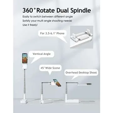 SupeDesk Selfie Stand, Portable Cell Phone Stand,Compatible with 3.5-6.1" Phone for Live Streaming,Overhead Phone Mount,Chargeable Remote,7 Stage Brightness,360° Rotate,Vlog/YouTube/Tiktok