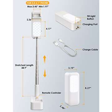 SupeDesk Selfie Stand, Portable Cell Phone Stand,Compatible with 3.5-6.1" Phone for Live Streaming,Overhead Phone Mount,Chargeable Remote,7 Stage Brightness,360° Rotate,Vlog/YouTube/Tiktok