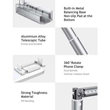 SupeDesk Selfie Stand, Portable Cell Phone Stand,Compatible with 3.5-6.1" Phone for Live Streaming,Overhead Phone Mount,Chargeable Remote,7 Stage Brightness,360° Rotate,Vlog/YouTube/Tiktok