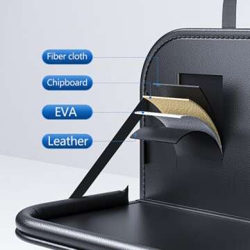EKUZO Back Seat Car Organizer with Tray,Foldable Car Table for Kids Travel Backseat Tissue Holder with Big Pockets Waterproof Leather (Black)
