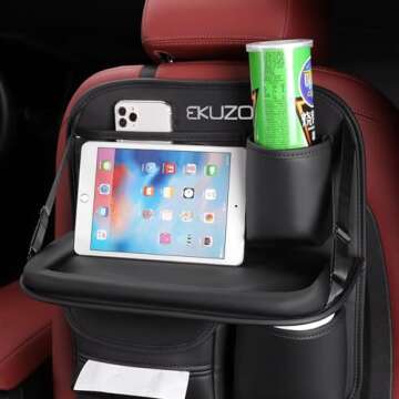EKUZO Back Seat Car Organizer with Tray,Foldable Car Table for Kids Travel Backseat Tissue Holder with Big Pockets Waterproof Leather (Black)