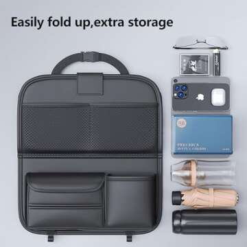 EKUZO Back Seat Car Organizer with Tray,Foldable Car Table for Kids Travel Backseat Tissue Holder with Big Pockets Waterproof Leather (Black)