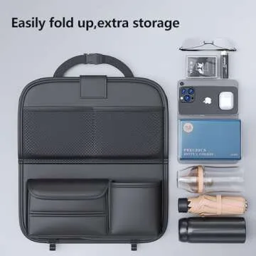 EKUZO Back Seat Car Organizer with Tray,Foldable Car Table for Kids Travel Backseat Tissue Holder with Big Pockets Waterproof Leather (Black)