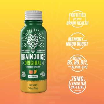 BrainJuice Energy & Focus Shot, Gluten Free Supplement, Healthy Drinks with Alpha GPC, Vitamin B & O...