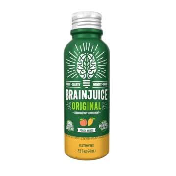 BrainJuice Energy & Focus Shot, Gluten Free Supplement, Healthy Drinks with Alpha GPC, Vitamin B & Organic Green Tea Extract Caffeine, Peach Mango, 2.5 fl oz, 12 pack