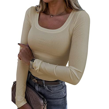 Roselux Women's Long Sleeve Scoop Neck Basic Tops - Slim Fit Casual Tee (Beige-S)