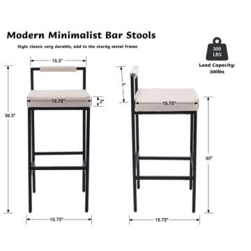 CIMOTA White Modern Bar Stools Set of 4 with Low Back, Linen Bar Height Stools Tall Barstools Uphols...