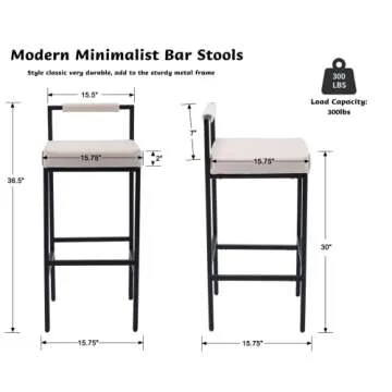 CIMOTA White Modern Bar Stools Set of 4 with Low Back, Linen Bar Height Stools Tall Barstools Uphols...