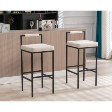 CIMOTA White Modern Bar Stools Set of 4 with Low Back, Linen Bar Height Stools Tall Barstools Upholstered Bar Chairs Counter Stools for Kitchen Island with Metal Legs for Home Bar/Pub, 30 Inch, Beige