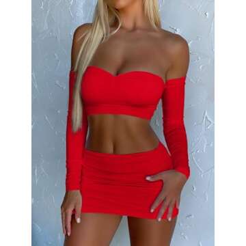 CSDAJIO Women's 2 Piece Club Outfits for Women Ruched Long Sleeve Off Shouler Crop Top and Side Split Mini Skirt Set Bright Red Large