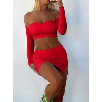 CSDAJIO Women's 2 Piece Club Outfits for Women Ruched Long Sleeve Off Shouler Crop Top and Side Split Mini Skirt Set Bright Red Large