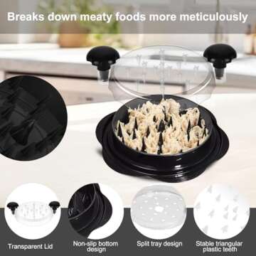 GU BEI TE Chicken Shredder,Large Chicken Shredder Tool Twist with Brush and Fork, BPA Free,Ergonomic Handle,Non-Slip Base Pad and Handle,The Meat Shredder Machine for Chicken, Pork, Beef(BLACK)