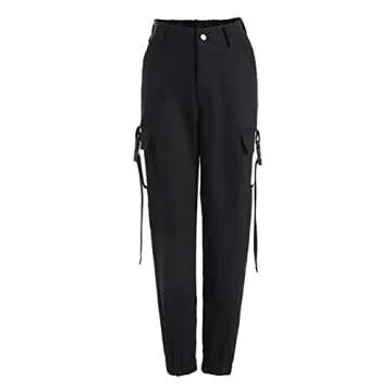 VANGULL Womens High Waisted Cargo Pants Pockets Casual Loose Combat Twill Trousers Girls Black