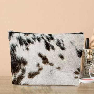 Retro Cow Print Stuff Makeup Bag Western Gifts Cow Gifts for Cow Lovers Western Supplies Accessories Cowgirl Cosmetic Bag for Women Sister Best Friends Graduation Mothers Day Christmas Birthday Gifts