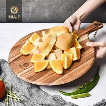 BILL.F Acacia Wood Pizza Peel,10" Cutting Board, Cheese Paddle Board, Bread and Crackers Platter for Serving and Minor Food Prepare with Handle - 14x 10 x 0.5 Inch