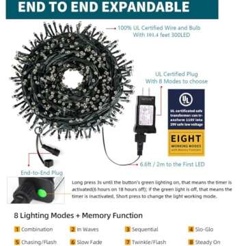 OUTYLTS Christmas String Lights End-to-End Plug 8 Modes 108FT 300 LED IP55 Outdoor Waterproof UL Cer...