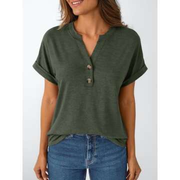 AUTOMET Women's Short Sleeve Henley Shirts - Dressy Casual Summer Tops for Trendy Looks