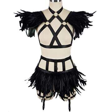 Womens Feathers Body Harness Lingerie Full Strappy Cage Garter Belt Set Elastic Hollow Top Bra Punk ...