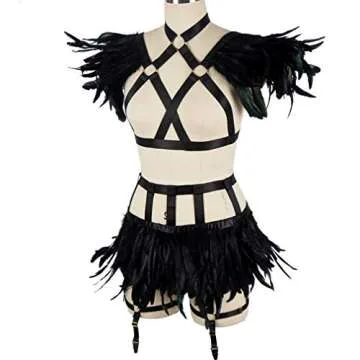 Womens Feathers Body Harness Lingerie Full Strappy Cage Garter Belt Set Elastic Hollow Top Bra Punk Gothic Festival Rave Wear (Black Gold o76+p48)