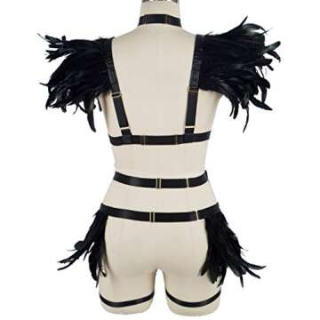 Womens Feathers Body Harness Lingerie Full Strappy Cage Garter Belt Set Elastic Hollow Top Bra Punk Gothic Festival Rave Wear (Black Gold o76+p48)