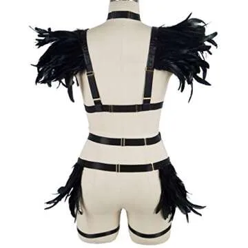 Womens Feathers Body Harness Lingerie Full Strappy Cage Garter Belt Set Elastic Hollow Top Bra Punk Gothic Festival Rave Wear (Black Gold o76+p48)