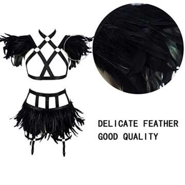 Womens Feathers Body Harness Lingerie Full Strappy Cage Garter Belt Set Elastic Hollow Top Bra Punk Gothic Festival Rave Wear (Black Gold o76+p48)