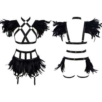 Womens Feathers Body Harness Lingerie Full Strappy Cage Garter Belt Set Elastic Hollow Top Bra Punk Gothic Festival Rave Wear (Black Gold o76+p48)