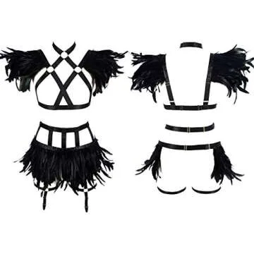 Womens Feathers Body Harness Lingerie Full Strappy Cage Garter Belt Set Elastic Hollow Top Bra Punk Gothic Festival Rave Wear (Black Gold o76+p48)