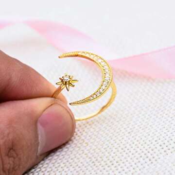Angol Sterling Silver Crescent Moon Star Rings for Women Adjustable Moon Ring 5A Cubic Zirconia Minimalist Ring Valentines Day Gift for Her with Box (Gold-white cz, 8)